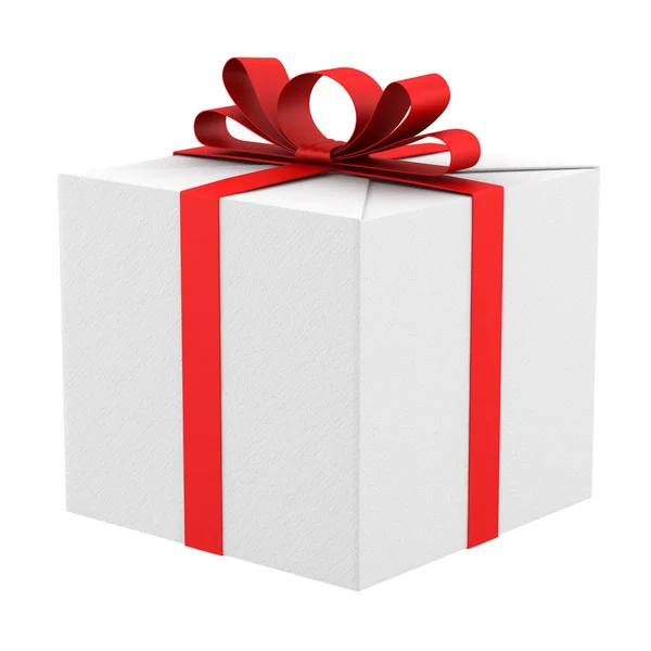 Белая подарочная коробка с красной лентой и бантом на белом — стоковое фото