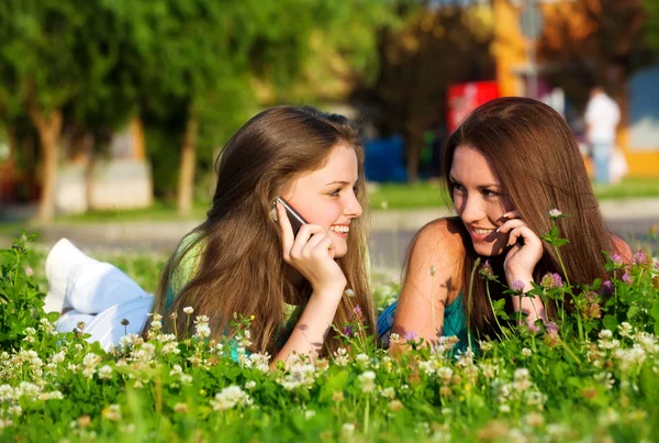 Zwei Freundinnen mit Handy im Park — Stockfoto