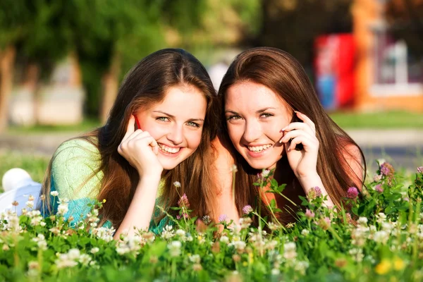 Две девушки в парке с мобильными телефонами — стоковое фото