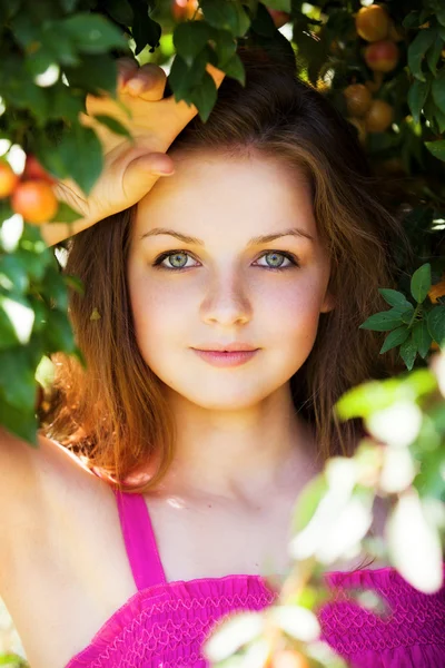 Bela menina da fazenda pegando frutas da árvore de ameixa — Fotografia de Stock