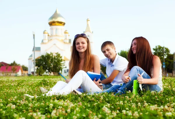 Небольшая группа студентов на поляне на фоне церкви — стоковое фото