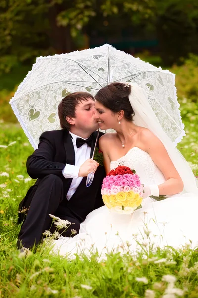 Portrait of happy newlyweds on grass in park — Stock Photo, Image