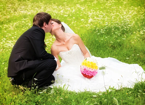 Retrato de recién casados felices en el césped en el parque — Foto de Stock