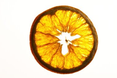 Kurutulmuş portakal dilimleri beyaz arkaplanda izole edilmiş.