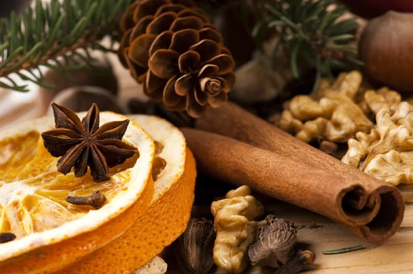 Různé druhy koření, ořechů a sušených pomerančů - vánoční de — Stock fotografie