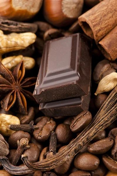 Chocolade koffie bonen, kruiden en noten — Stockfoto