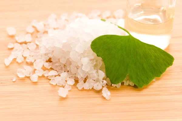 stock image Fresh leaves ginko biloba essential oil and sea salt - beauty tr