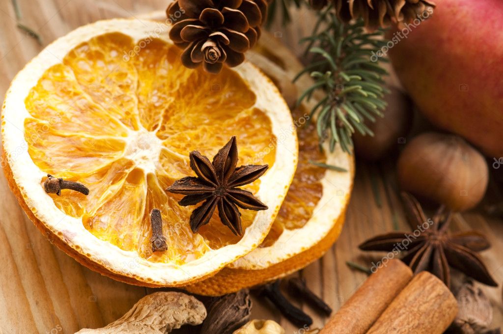 Different Kinds Of Spices Nuts And Dried Oranges Christmas De