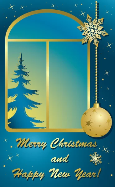 Wektor kartki świąteczne z okna i złota ozdoby — Wektor stockowy