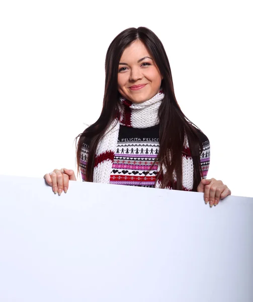 Woman in sweater with placard — Stock Photo, Image