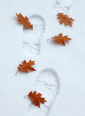 Snowy footsteps with autumn leaves clipart