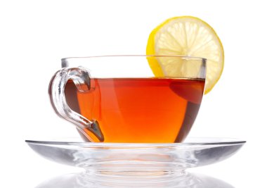 Cup of tea with lemon over white background clipart