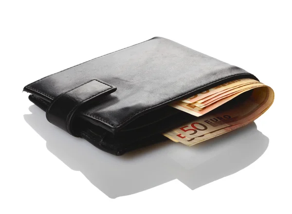 Çanta ile euro banknot üzerinde beyaz izole — Stok fotoğraf