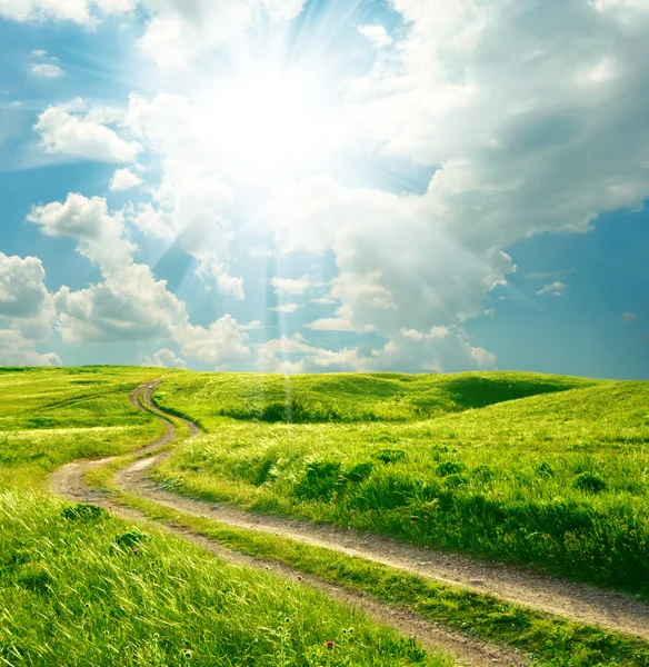 Літній пейзаж з зеленою травою, дорогою і хмарами — стокове фото