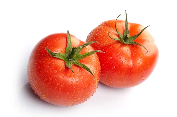 Γκρο πλαν φωτογραφία των δύο ντομάτες με σταγόνες νερό — Φωτογραφία Αρχείου