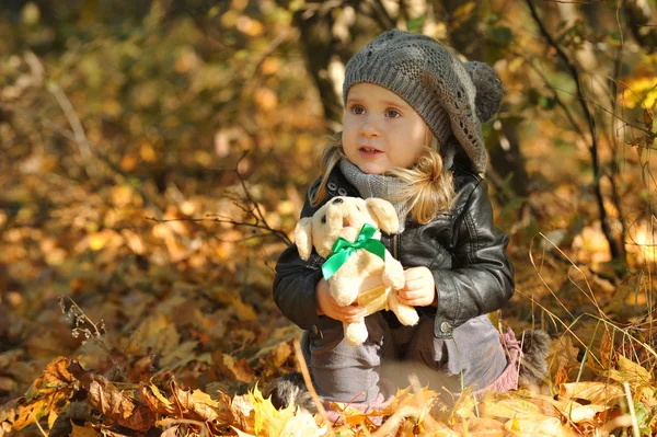 Niña en hojas de otoño — Foto de Stock