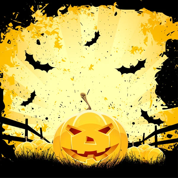 Grungy fondo de Halloween con calabazas y murciélagos — Vector de stock