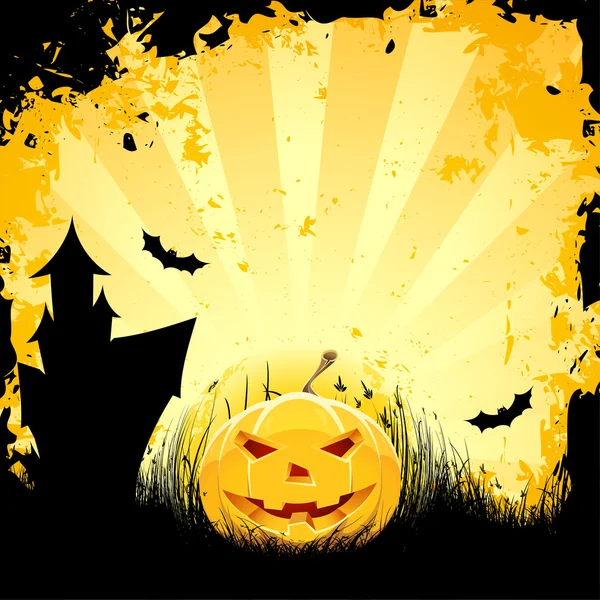 Grungy Halloween fond avec maison de citrouille et chauves-souris — Image vectorielle