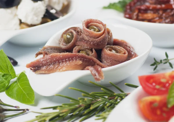 Anchovy rolls served as appetizer — Stock Photo, Image