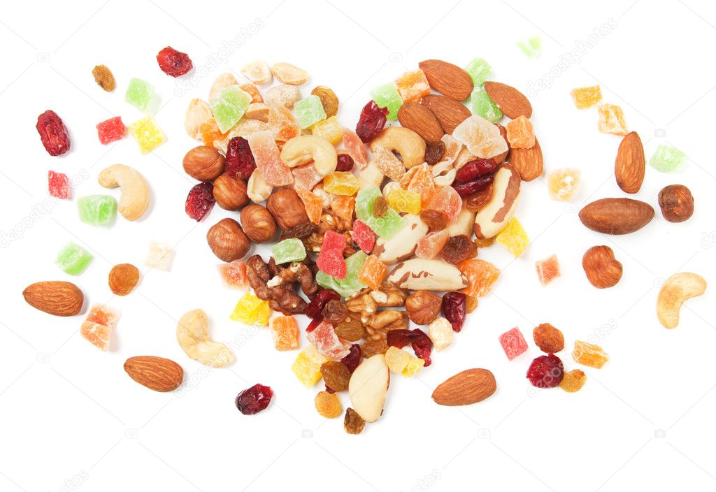 Nuts and dried fruit isolated on white