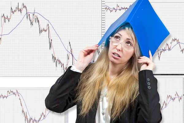 stock image The business woman, financial analyst, thinks of a difficult situation in t