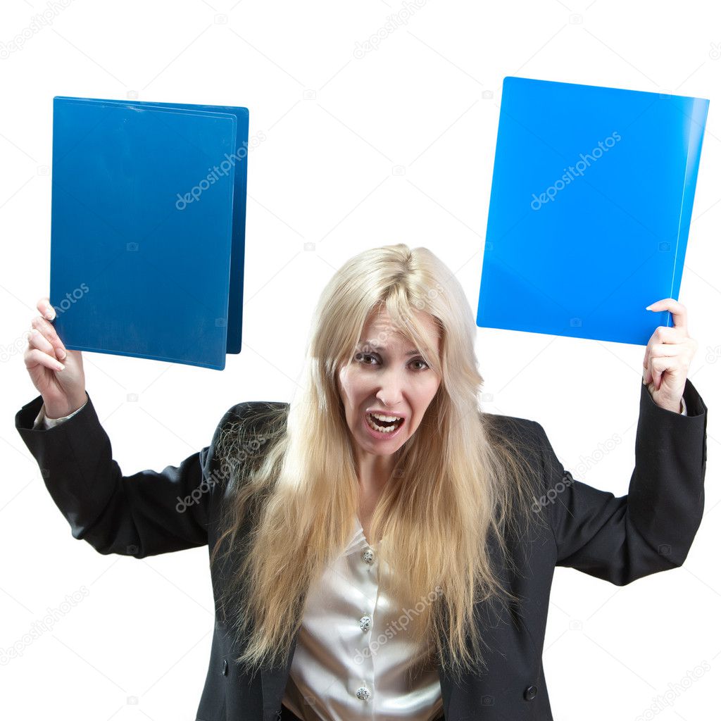 The upset business woman with folders - course falling in the market