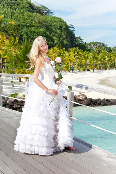 The young beautiful woman in a dress of the bride on the bridge about sea e — Stock Photo, Image
