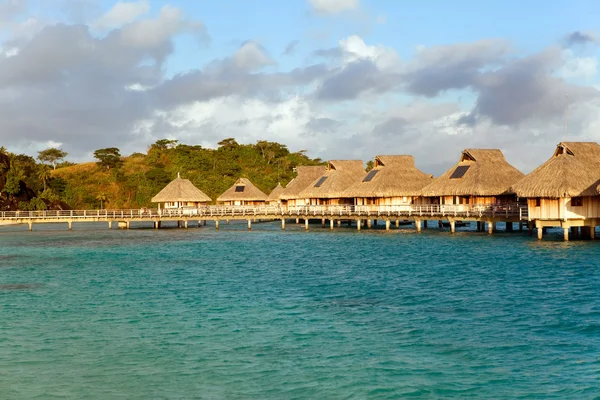 Paysage polynésien typique - littoral avec palmiers et petites maisons sur — Photo