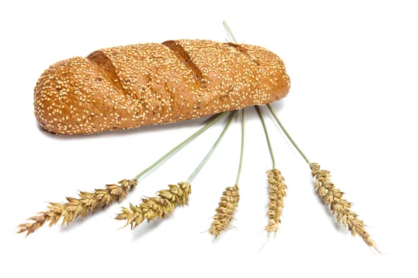 Trigo e pão sobre fundo branco — Fotografia de Stock