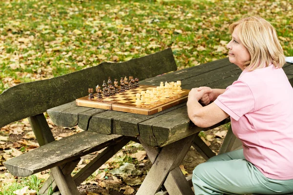 公園のベンチに座っている孤独な中年の女性 — ストック写真