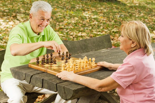 Glückliches Seniorenpaar beim Schachspielen auf einer Parkbank — Stockfoto