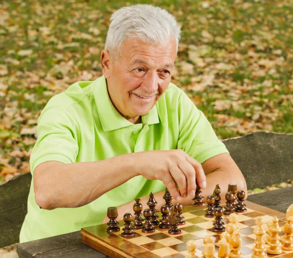 Пожилой человек играет в шахматы в парке — стоковое фото