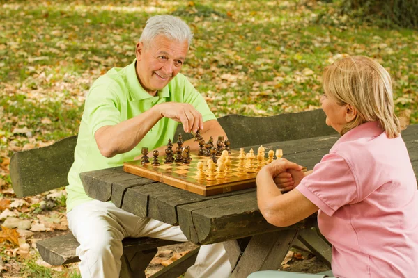 Feliz pareja mayor jugando ajedrez en un banco del parque —  Fotos de Stock