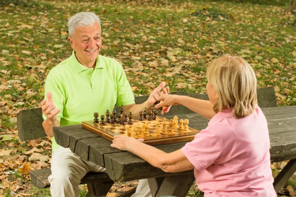 Glückliches Seniorenpaar beim Schachspielen auf einer Parkbank — Stockfoto