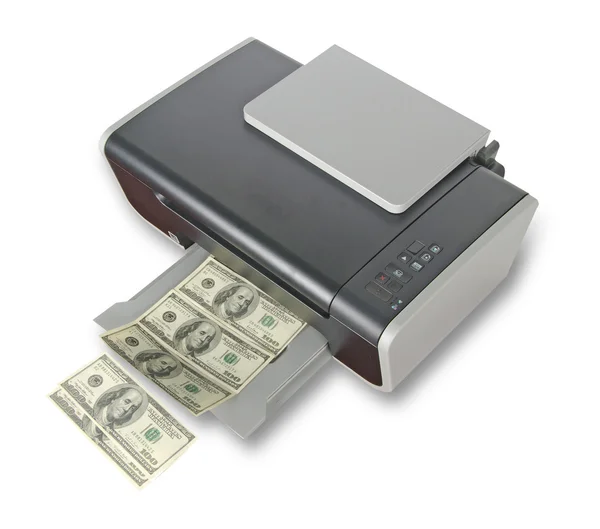 Tulostin tulostaa väärennettyjä dollarin seteleitä — kuvapankkivalokuva