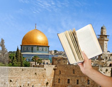 Girl reading book about Jerusalem clipart