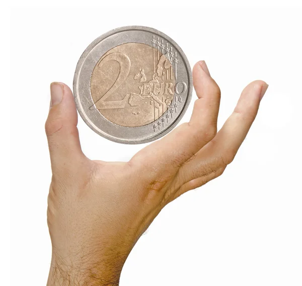 Dwa euro na rękę na białym tle — Zdjęcie stockowe
