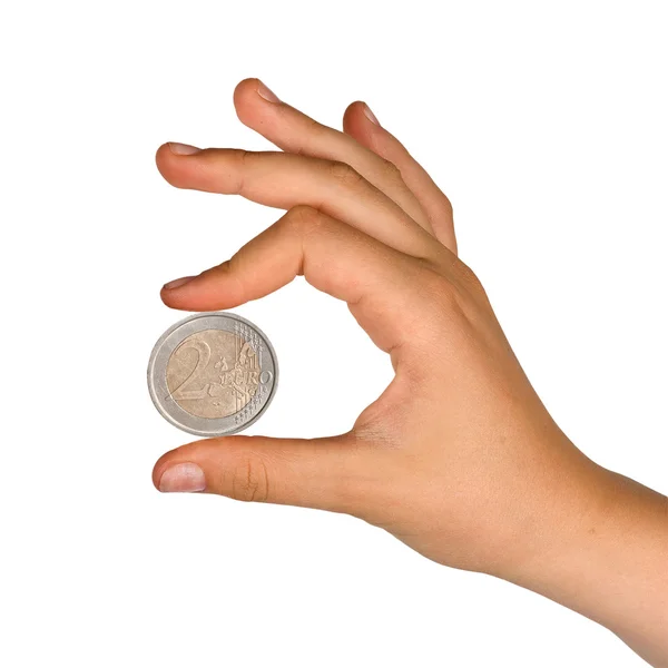 Twee euro in hand geïsoleerd op witte achtergrond — Stockfoto