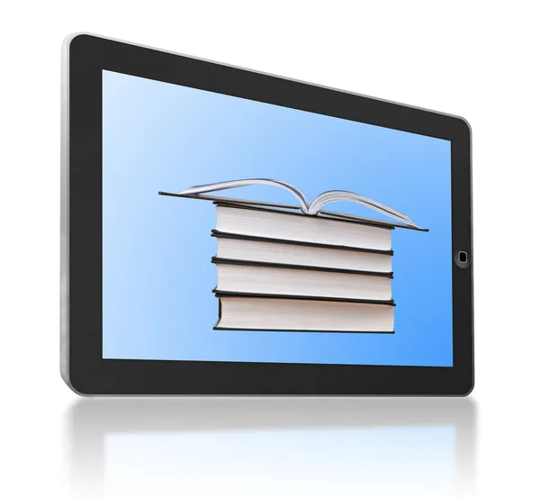 Общие планшетный компьютер с книгами, как символ цифровой библиотеки и — стоковое фото