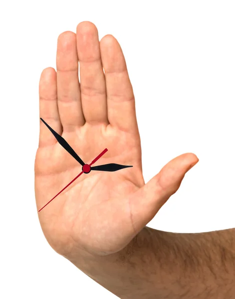 Durdurmak için zamanı gösteren bir saat yüzü palm — Stok fotoğraf
