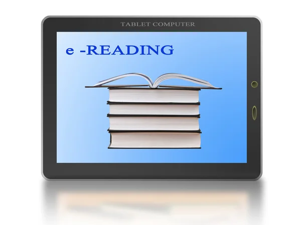 Общие планшетный компьютер с книгами, как символ цифровой библиотеки и — стоковое фото