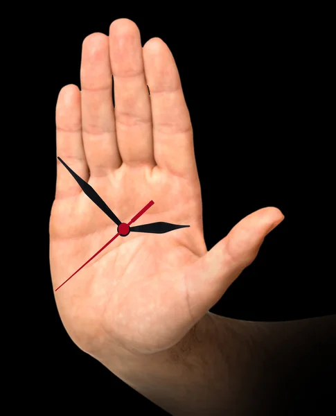 Dłoń jako zegar stawić czoło, Wyświetlono czas, aby zatrzymać — Zdjęcie stockowe