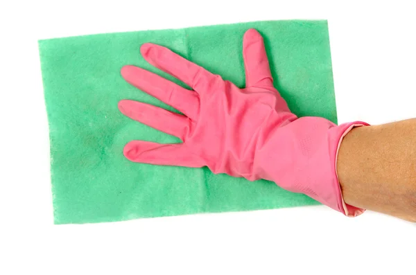 Hand in glove with rag — Stock Photo, Image