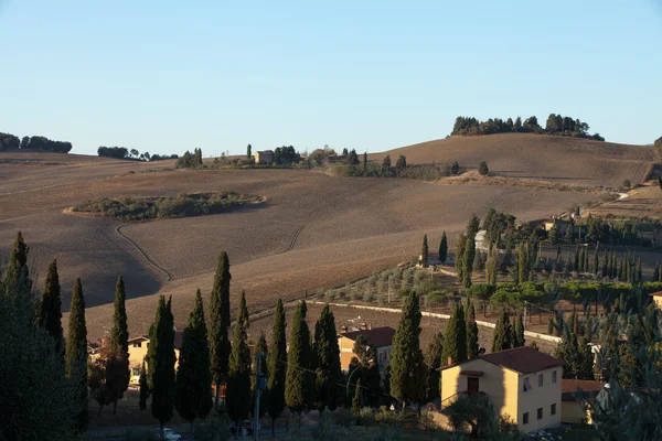 Las colinas alrededor de Pienza y Monticchiello justo después del amanecer . — Foto de Stock
