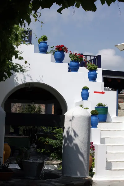Białe schody ozdobione czerwone kwiaty w doniczkach niebieski zia wyspy kos gree — Zdjęcie stockowe