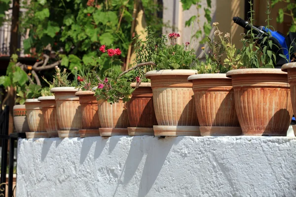 Longue série de pots en céramique dans les escaliers blancs — Photo