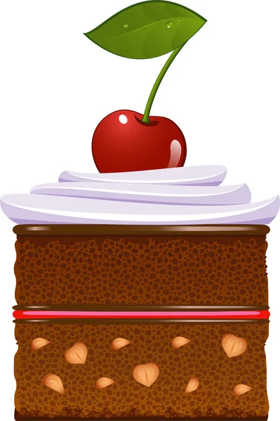 Pastel de chocolate con crema batida y una cereza — Vector de stock