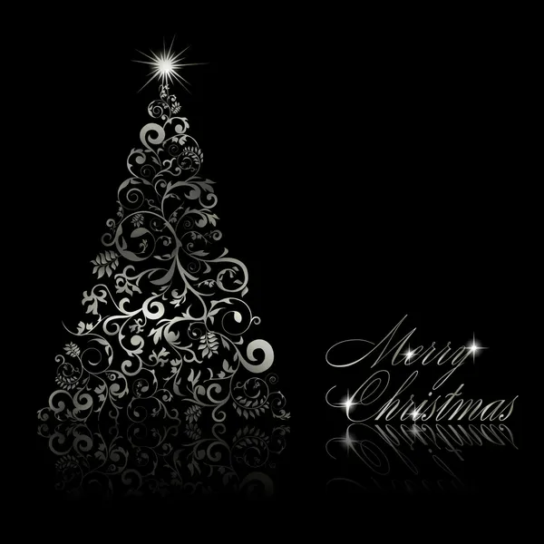 Arbre de Noël avec tourbillons et éléments floraux sur fond noir — Image vectorielle