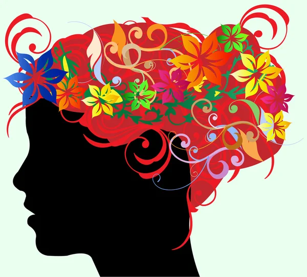 Dziewczyna sylwetka w profilu z włosów długich kwiatowy — Wektor stockowy