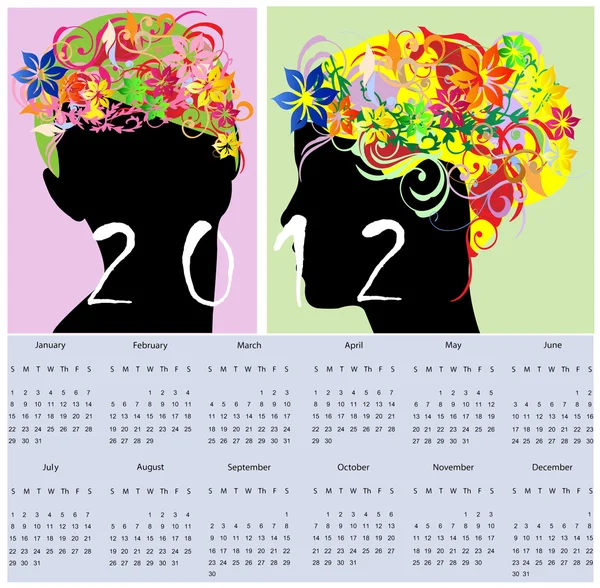 Dívka silueta s květinovými vlasy kalendáře — Stockový vektor